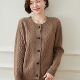 Womens Diamond Cable Knit Button - Up Cashmere Cardigan Crew Neck Coat